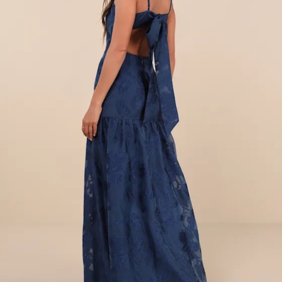 Lulus Opulent Aura Navy Floral Jacquard Tie-back Drop Waist Maxi Dress Blue - Picture 2 of 7